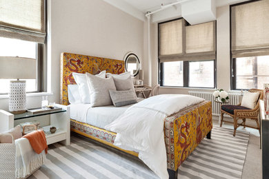 Bedroom - large transitional master carpeted and brown floor bedroom idea in New York with brown walls and no fireplace