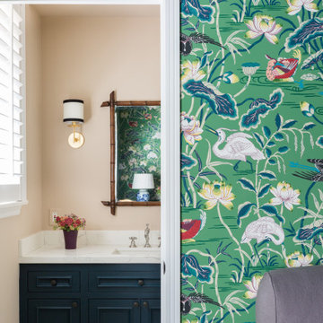 Guest Room with Colorful Wallpaper and Textiles