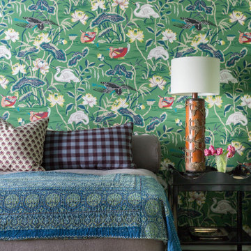 Guest Room with Colorful Wallpaper and Textiles