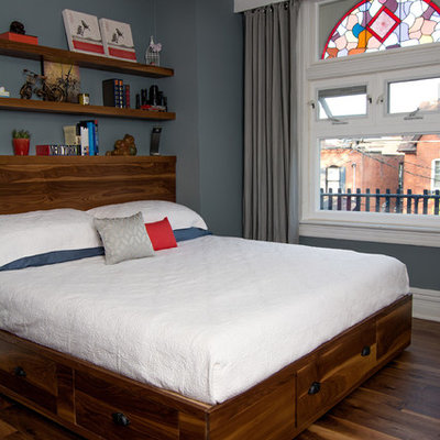Trendy master dark wood floor bedroom photo in Toronto with blue walls