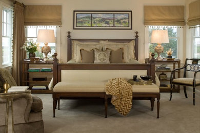 Example of a large classic master carpeted bedroom design in San Francisco with beige walls