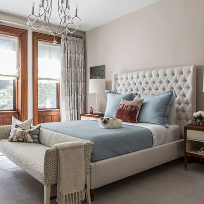 Inspiration for a large transitional master carpeted and gray floor bedroom remodel in New York with beige walls and no fireplace