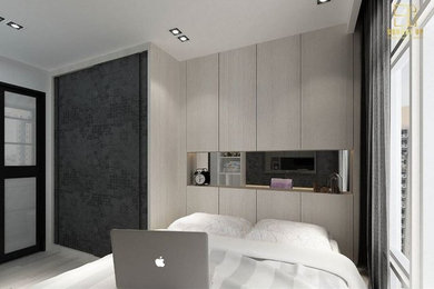Diseño de dormitorio principal asiático grande con suelo de mármol y suelo blanco
