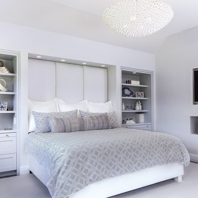 Large trendy master dark wood floor and brown floor bedroom photo in Boston with gray walls and no fireplace