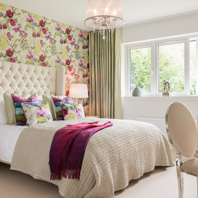 Inspiration for a timeless master carpeted bedroom remodel in London with multicolored walls