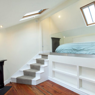 Foto de dormitorio tipo loft, minimalista, de tamaño medio, con paredes blancas, suelo de madera en tonos medios, chimenea tradicional y marco de chimenea de metal