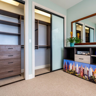Modelo de habitación de invitados exótica, pequeña, con paredes azules y moqueta
