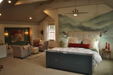 Foto de dormitorio principal contemporáneo extra grande sin chimenea con paredes blancas, moqueta y suelo beige