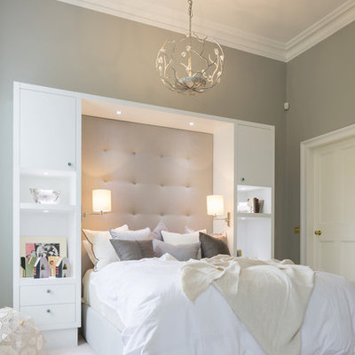 Bedroom - large transitional guest carpeted bedroom idea in London with gray walls and no fireplace