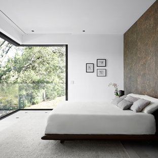 Trendy concrete floor and gray floor bedroom photo in San Francisco with brown walls