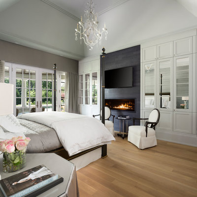 Transitional master light wood floor and beige floor bedroom photo in Detroit with gray walls, a ribbon fireplace and a tile fireplace