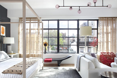 ニューヨークにある広いコンテンポラリースタイルのおしゃれな主寝室 (白い壁、淡色無垢フローリング、標準型暖炉) のレイアウト