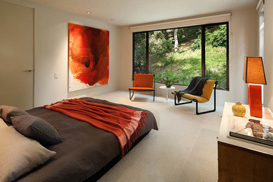 Modelo de habitación de invitados actual de tamaño medio con paredes beige y moqueta