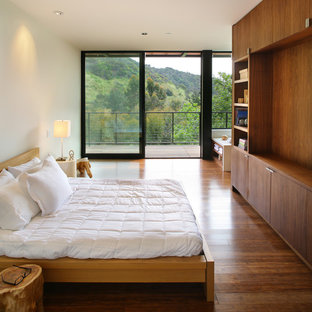 Minimalist dark wood floor bedroom photo in Los Angeles with white walls and no fireplace