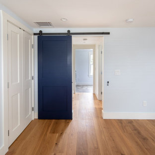 Foto de dormitorio marinero, pequeño, con paredes azules, suelo marrón y suelo de madera en tonos medios