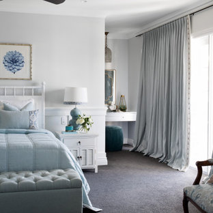 Inspiration for a large transitional master bedroom in Brisbane with grey walls, carpet and grey floor.