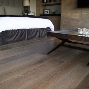 Inspiration for a large contemporary master medium tone wood floor and brown floor bedroom remodel in Miami with brown walls and no fireplace