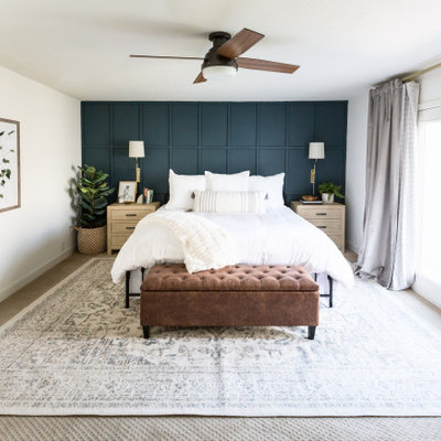 Example of a mid-sized country master carpeted, beige floor and wall paneling bedroom design in Phoenix with white walls