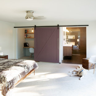Example of a 1960s master carpeted bedroom design in Denver with white walls and no fireplace