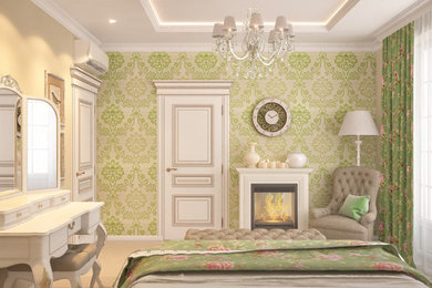デンバーにある中くらいなトラディショナルスタイルのおしゃれな主寝室 (緑の壁、淡色無垢フローリング、標準型暖炉、石材の暖炉まわり) のレイアウト