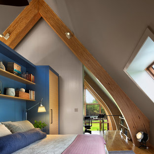 Bedroom - contemporary bedroom idea in New York with blue walls