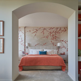 Example of a trendy carpeted and gray floor bedroom design in New York with beige walls