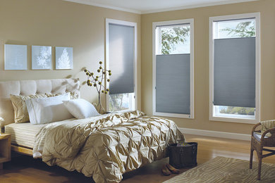 グランドラピッズにある中くらいなトランジショナルスタイルのおしゃれな主寝室 (ベージュの壁、淡色無垢フローリング、暖炉なし)