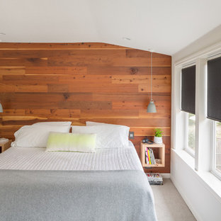 Photo of a small scandinavian master bedroom in Portland with carpet, no fireplace and brown walls.
