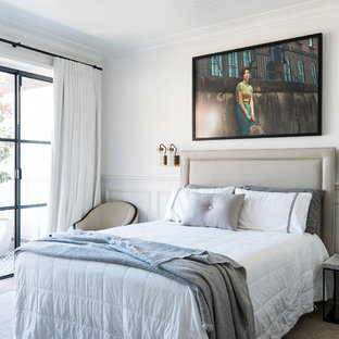 Transitional master bedroom in Sydney with white walls, carpet and beige floor.