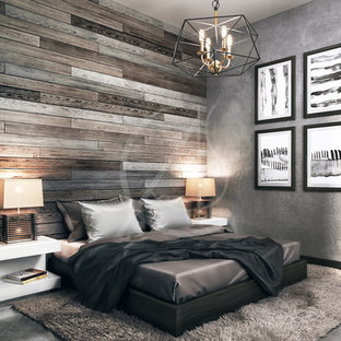Modelo de dormitorio principal, urbano, de tamaño medio, sin chimenea, con suelo de cemento, suelo gris y paredes grises