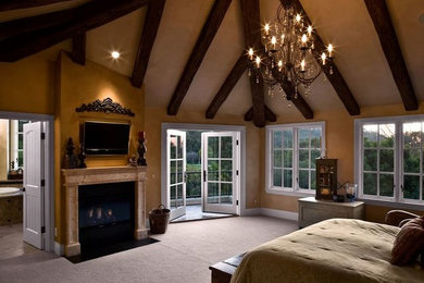 フェニックスにある広いトラディショナルスタイルのおしゃれな主寝室 (茶色い壁、カーペット敷き、標準型暖炉、石材の暖炉まわり、ベージュの床) のインテリア