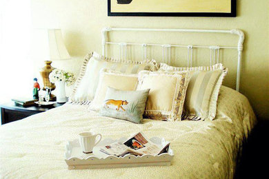 Example of a farmhouse master carpeted bedroom design in Portland with gray walls