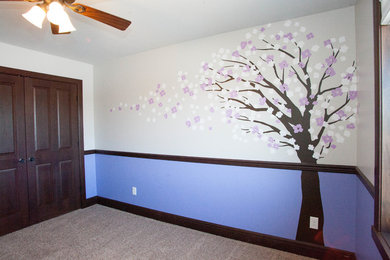 Inspiration for a small asian guest carpeted bedroom remodel in Other with purple walls