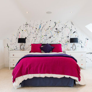 Medium sized classic bedroom in Other with white walls, carpet and beige floors.
