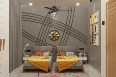 Diseño de dormitorio tipo loft moderno grande sin chimenea con paredes grises, suelo de mármol, suelo gris y panelado