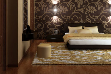 Bedroom - large modern master dark wood floor and brown floor bedroom idea in New York with beige walls