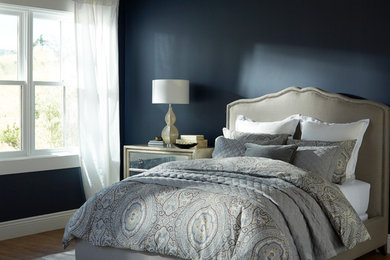 Modelo de dormitorio principal tradicional de tamaño medio con paredes azules, suelo de madera en tonos medios y suelo marrón