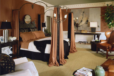 Large transitional master carpeted and brown floor bedroom photo in Los Angeles with brown walls and no fireplace