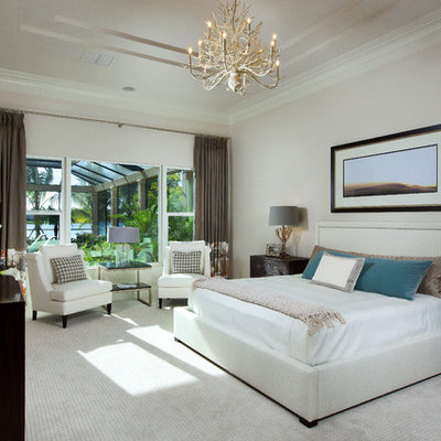 Bedroom - contemporary carpeted bedroom idea in Miami with beige walls