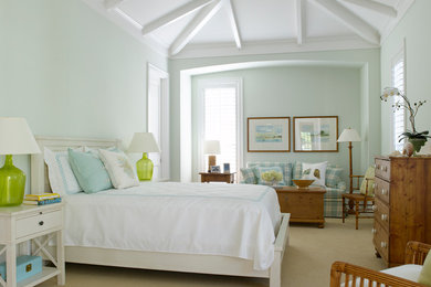 Пример оригинального дизайна: спальня в морском стиле с зелеными стенами и ковровым покрытием