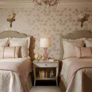 Guest carpeted bedroom photo in Miami with pink walls