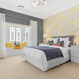 Design ideas for a transitional guest bedroom in Brisbane with grey walls, carpet, no fireplace and beige floor.