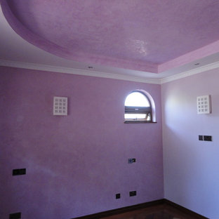 Imagen de dormitorio tipo loft, moderno, de tamaño medio, con paredes púrpuras y suelo de madera en tonos medios