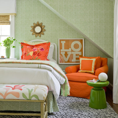 Transitional bedroom photo in Boston with multicolored walls