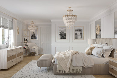 オタワにある中くらいなトラディショナルスタイルのおしゃれな主寝室 (白い壁、無垢フローリング)