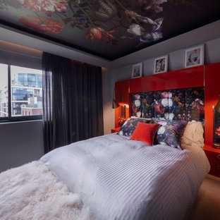 Design ideas for a medium sized bohemian bedroom in London with grey walls, carpet and grey floors.