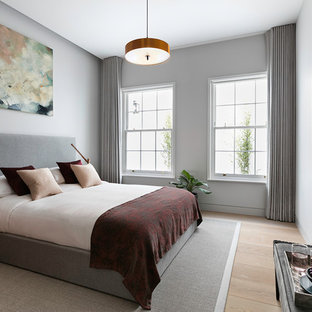 Foto de habitación de invitados contemporánea, grande, con paredes grises, suelo de madera clara y suelo marrón