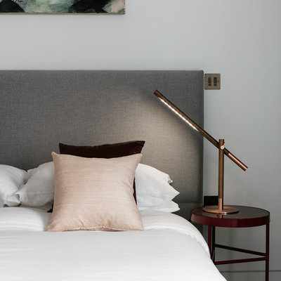 Inspiration for a large contemporary guest brown floor and light wood floor bedroom remodel in London with gray walls