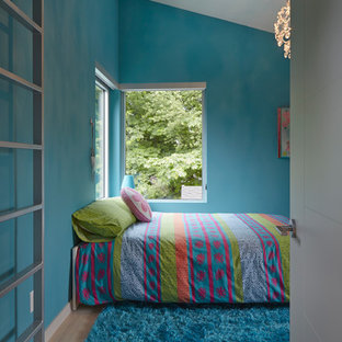 Ejemplo de dormitorio tipo loft, moderno, de tamaño medio, con paredes azules y suelo de madera clara
