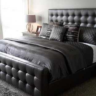 Bedroom - large shabby-chic style master carpeted bedroom idea in Dallas with gray walls